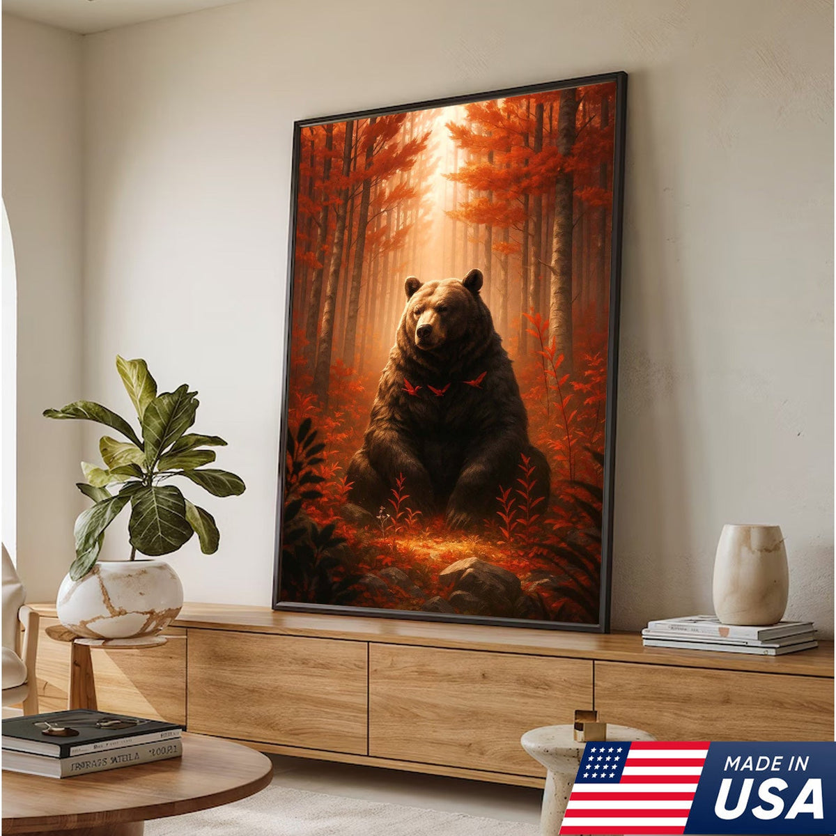 Autumn Forest Bear Canvas Wall Art, Majestic Brown Bear in Fall Woodland