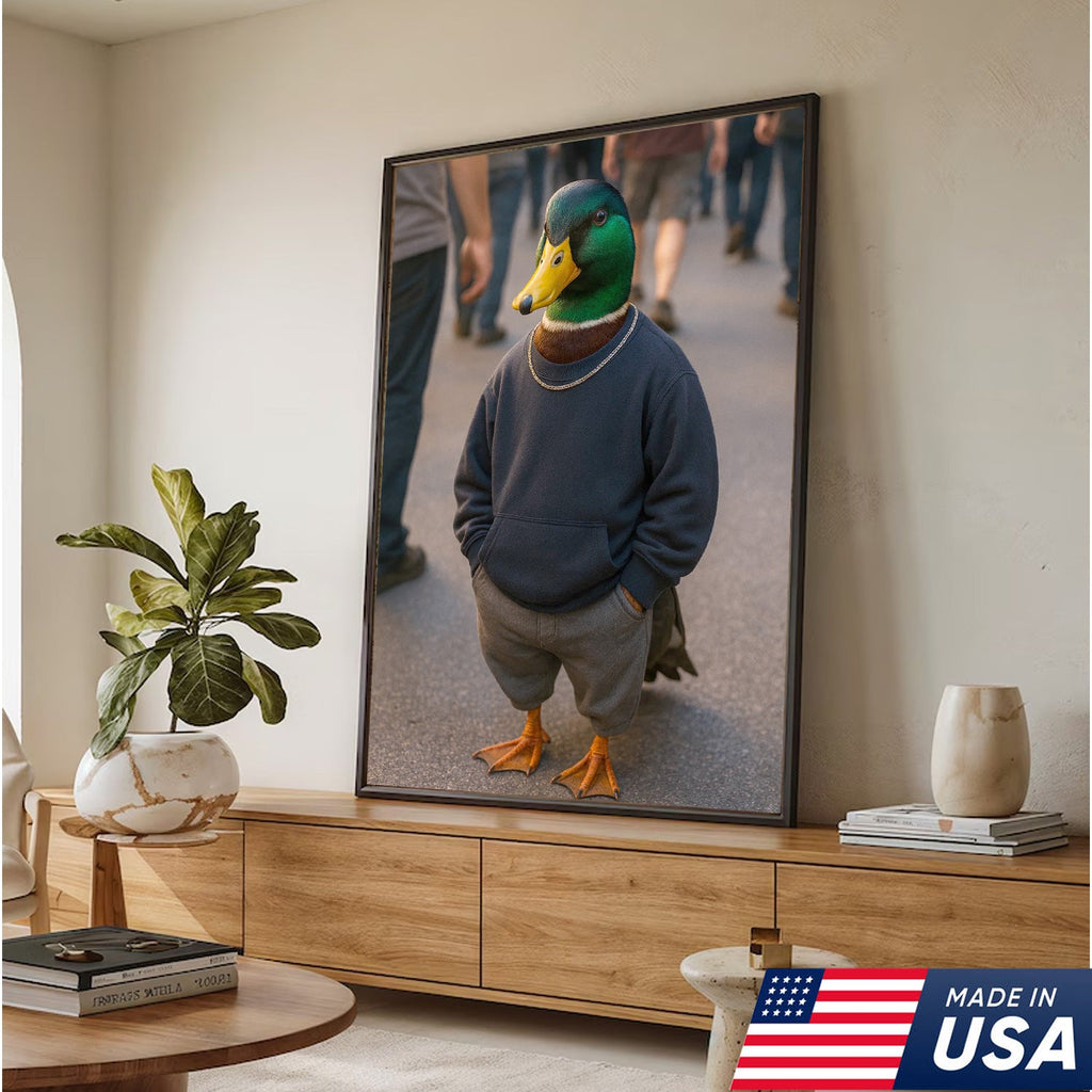 Funny Duck Canvas Wall Art, Cool Mallard in Hoodie Streetwear Poster