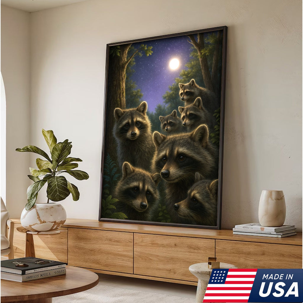 Raccoons Under Full Moon Canvas – Woodland Night Scene, Rustic Lodge Wall Art