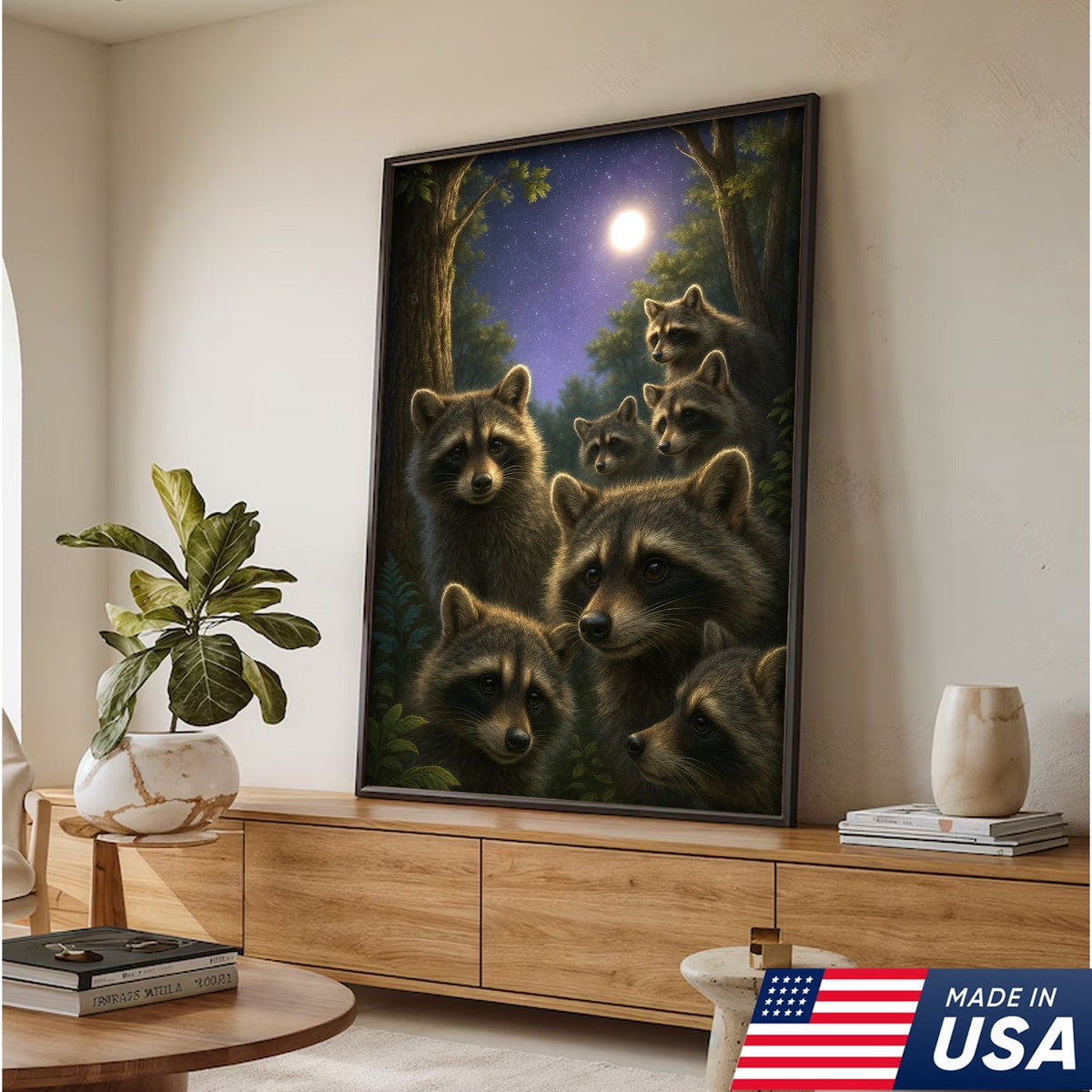 Raccoons Under Full Moon Canvas – Woodland Night Scene, Rustic Lodge Wall Art