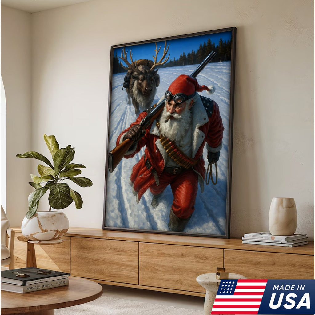 Action Santa Sprinting with Reindeer Canvas Wall Art, Epic Winter Christmas Decor