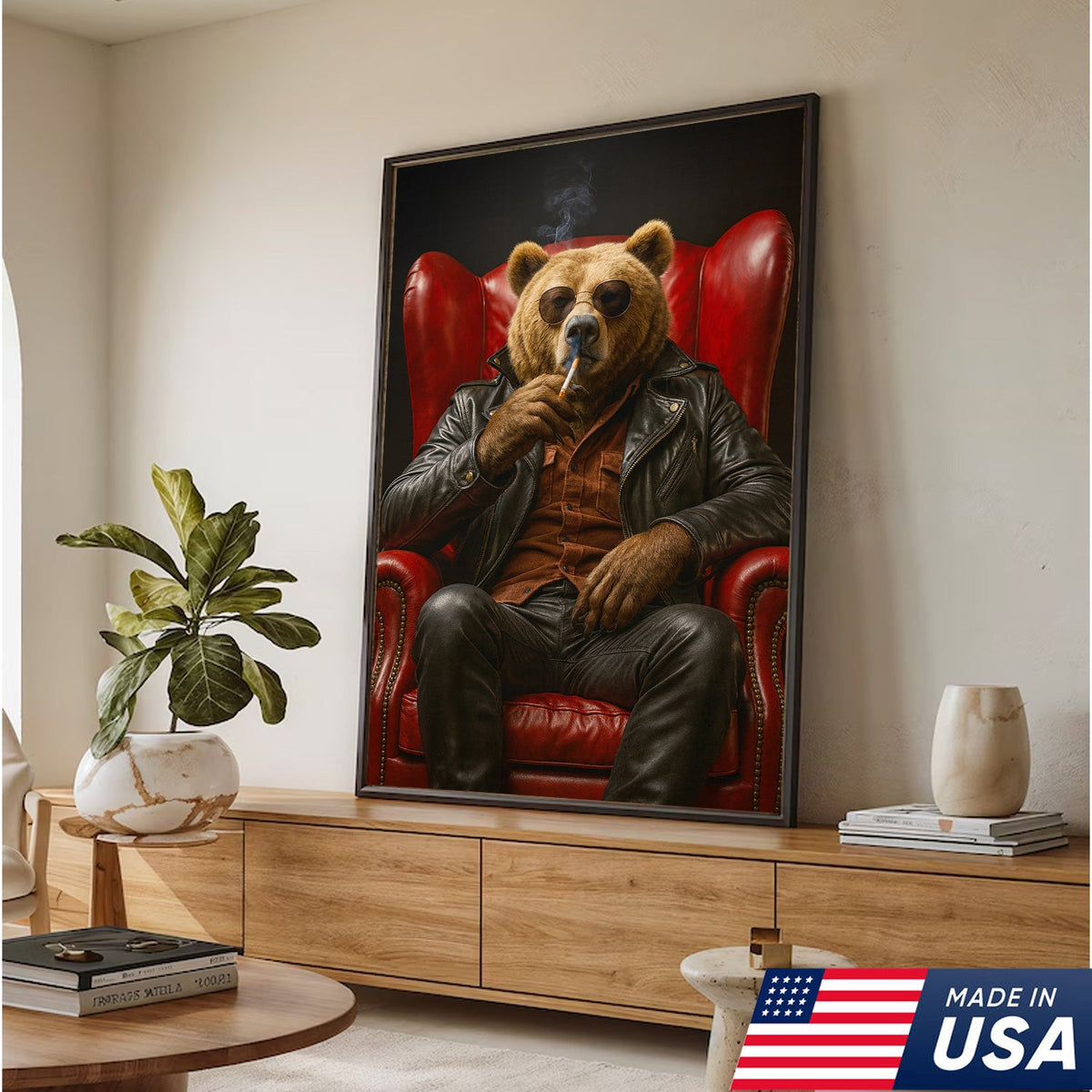 Cool Smoking Bear Wall Art Canvas – Badass Leather Chair Bear Canvas Print for Man Cave Decor
