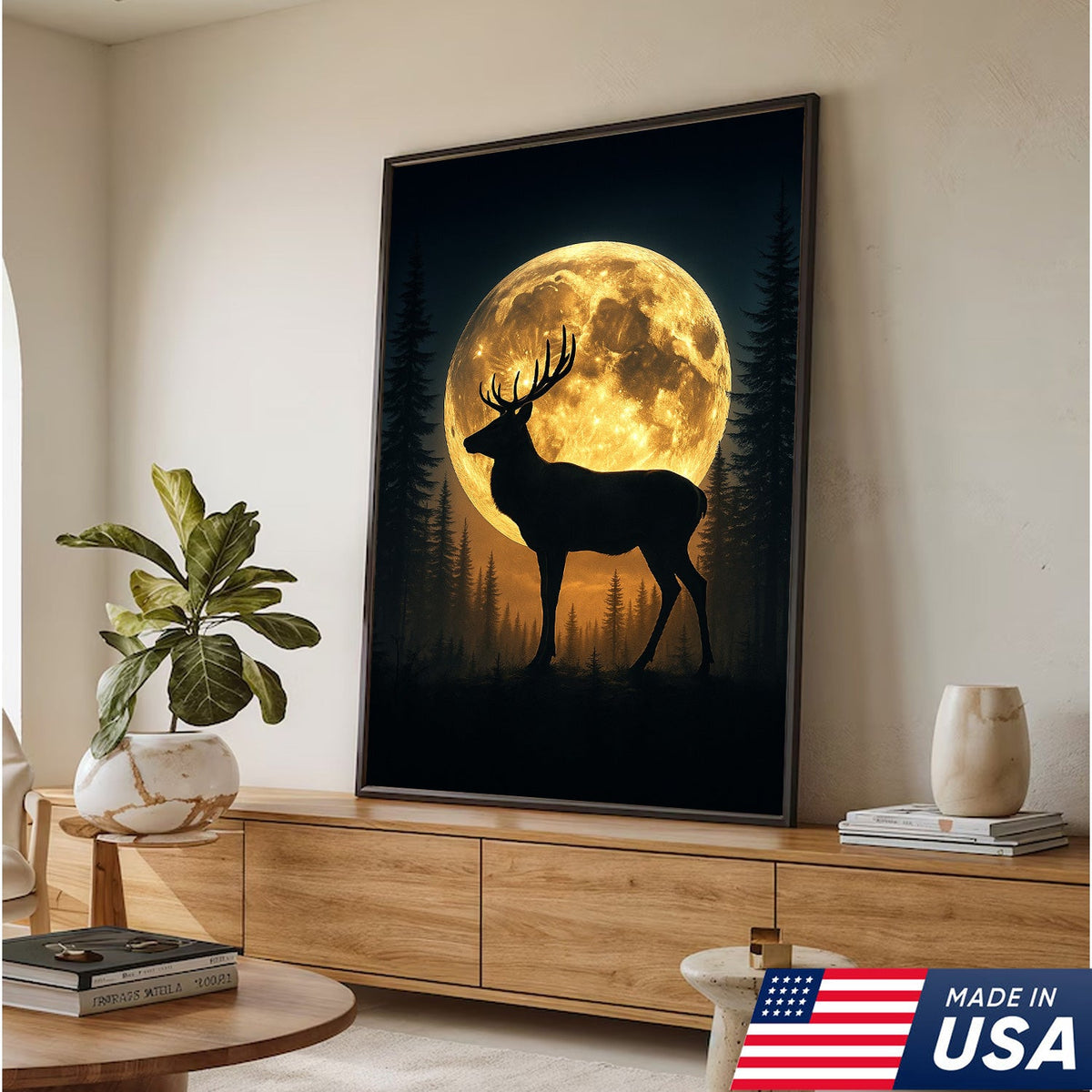 Moonlit Deer Silhouette Canvas – Rustic Forest Wall Art for Cabin & Lodge Decor