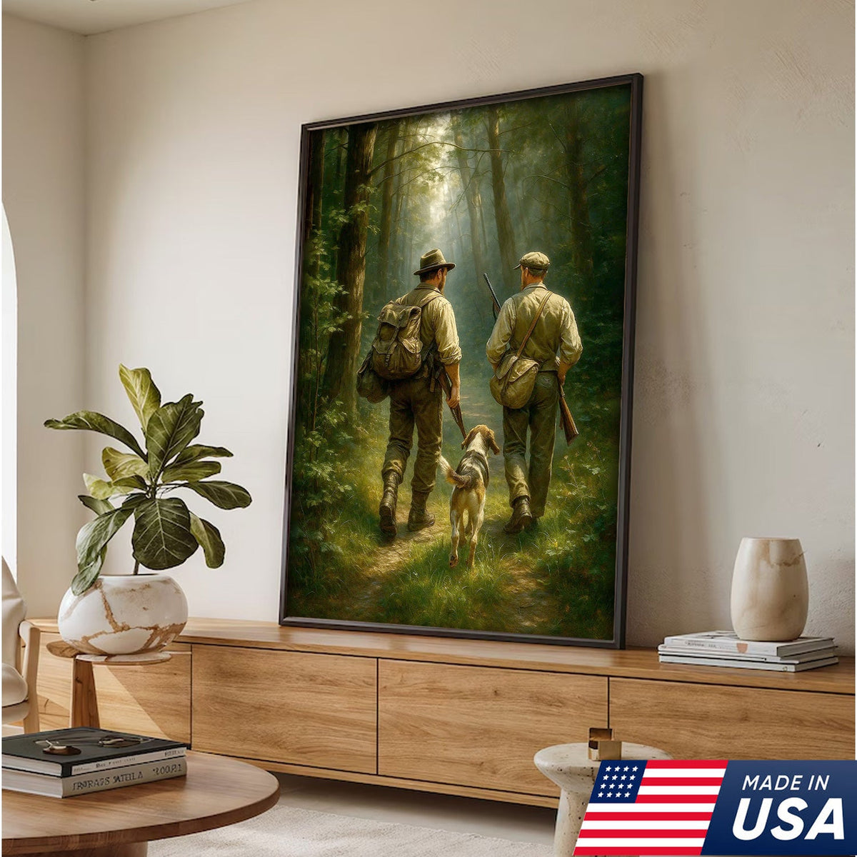 Hunting Canvas Wall Art – Hunters Walking with Dog in Forest – Rustic Cabin Decor