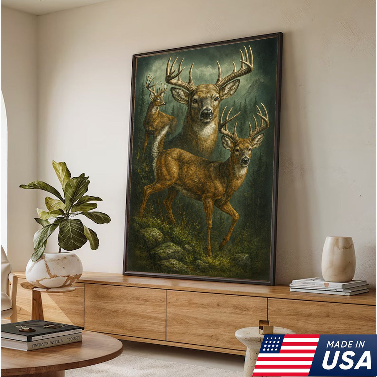 Whitetail Deer Trio Canvas Wall Art, Majestic Bucks in Forest Scene, Perfect Hunting Lodge