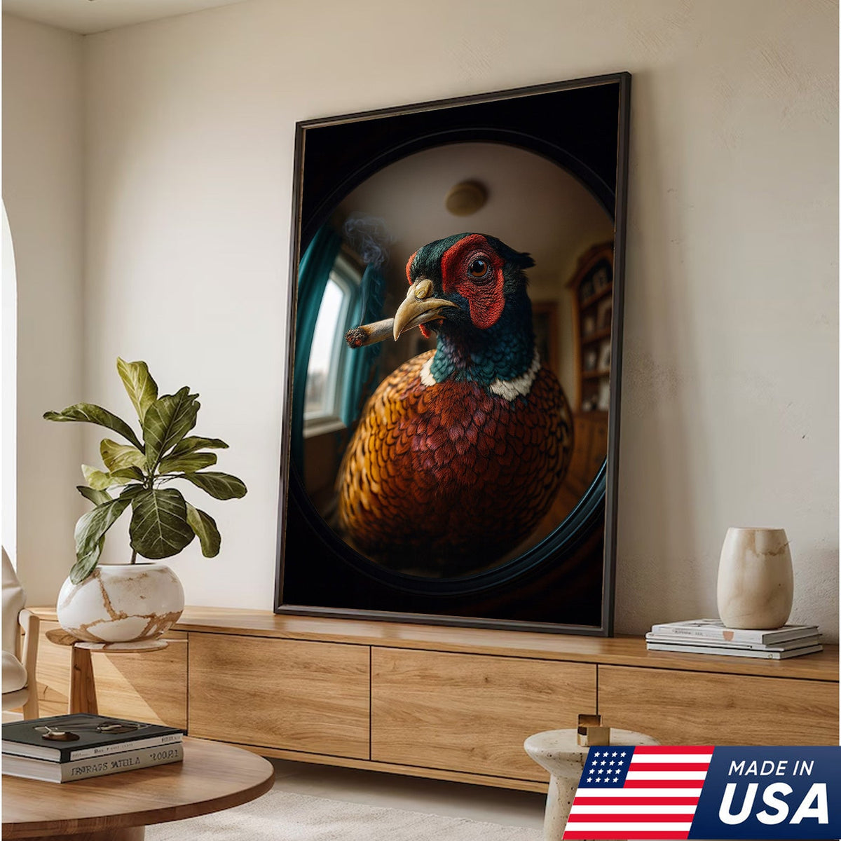 Funny Pheasant Wall Art Smoking Bird Print for Man Cave Decor - Unique Hunting Gift