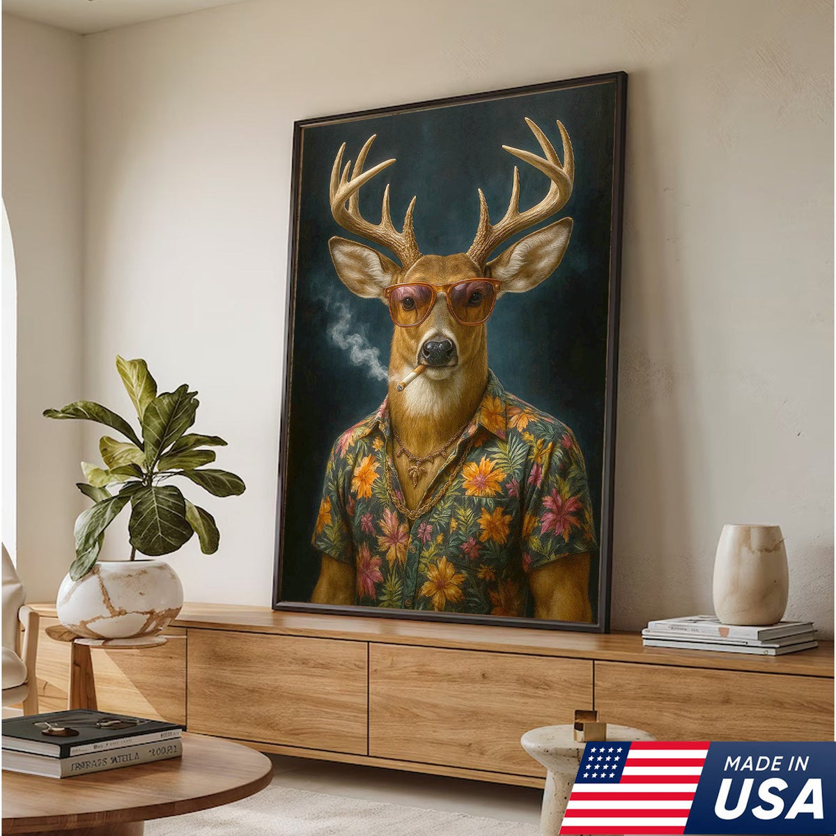Cool Deer Smoking Canvas Wall Art, Funny Animal Portrait Artwork, Retro Hunter Gift Decor