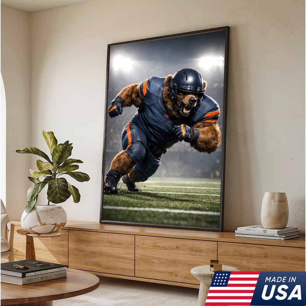 Raging Grizzly Football Canvas Wall Art – Powerful Bear Athlete Stadium Action Print