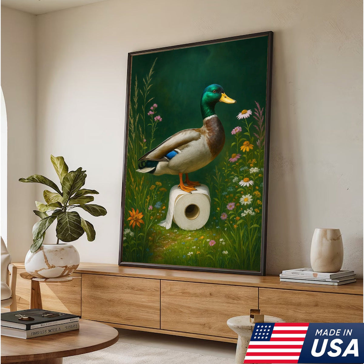 Duck on Toilet Paper Canvas Wall Art, Funny Bathroom Decor with Wildflowers