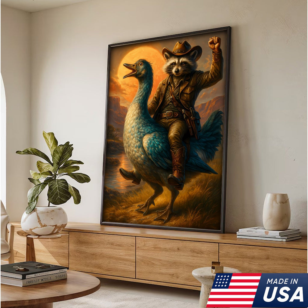 Raccoon Cowboy Riding Goose Canvas – Funny Western Wall Art for Hunters & Animal Lovers