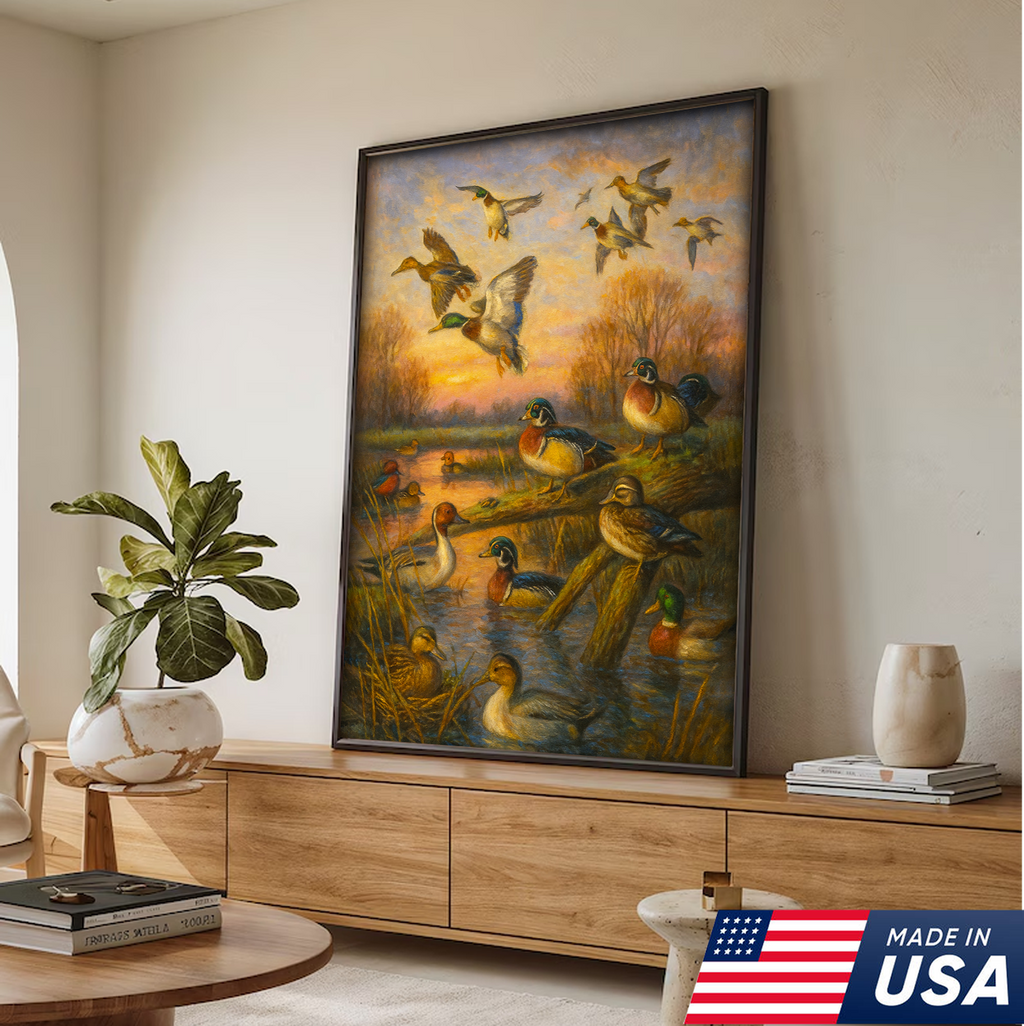 Duck Hunting Canvas Wall Art – Oil Painting Style Waterfowl at Sunset Rustic Lodge Decor