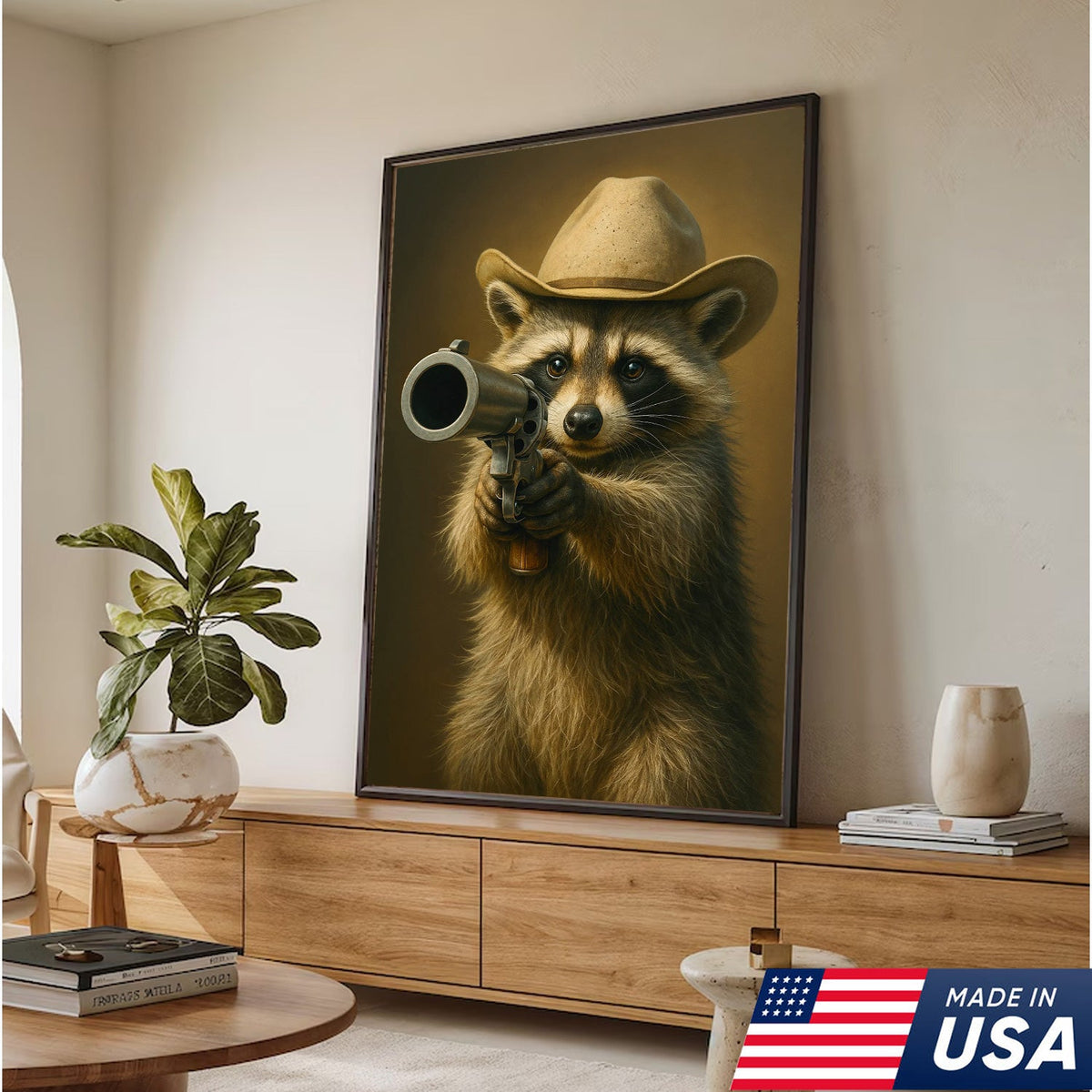 Cowboy Raccoon with Revolver Canvas Wall Art, Funny Western Critter Decor