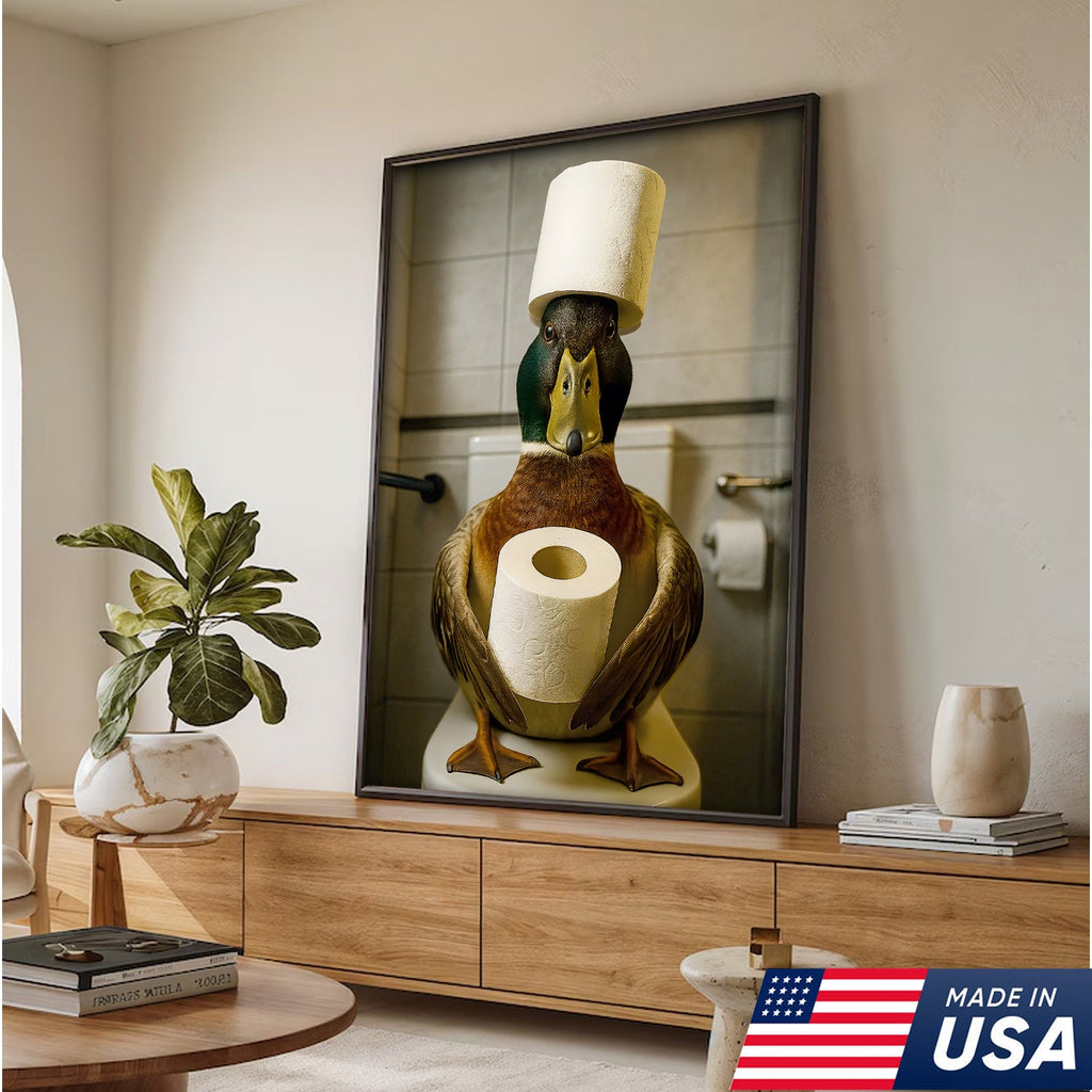 Funny Duck Bathroom Canvas Wall Art – Rustic Toilet Canvas for Cabin, Lodge & Man Cave Decor