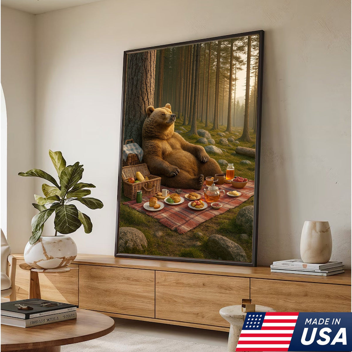 Bear Picnic Forest Wall Art Canvas – Relaxing Woodland Bear Canvas Print for Kitchen Cabin Decor