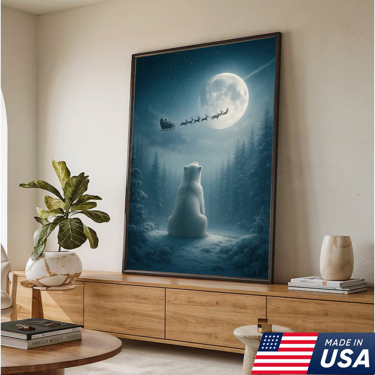 Christmas Polar Bear Santa Sleigh Wall Art Canvas, Winter Night Forest Moon Decor