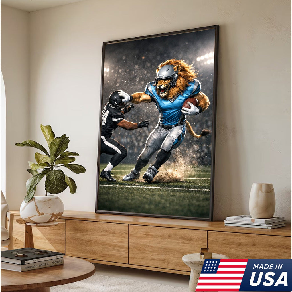 Fearless Lion Football Canvas Wall Art – Powerful Big Cat Athlete Stadium Action Print
