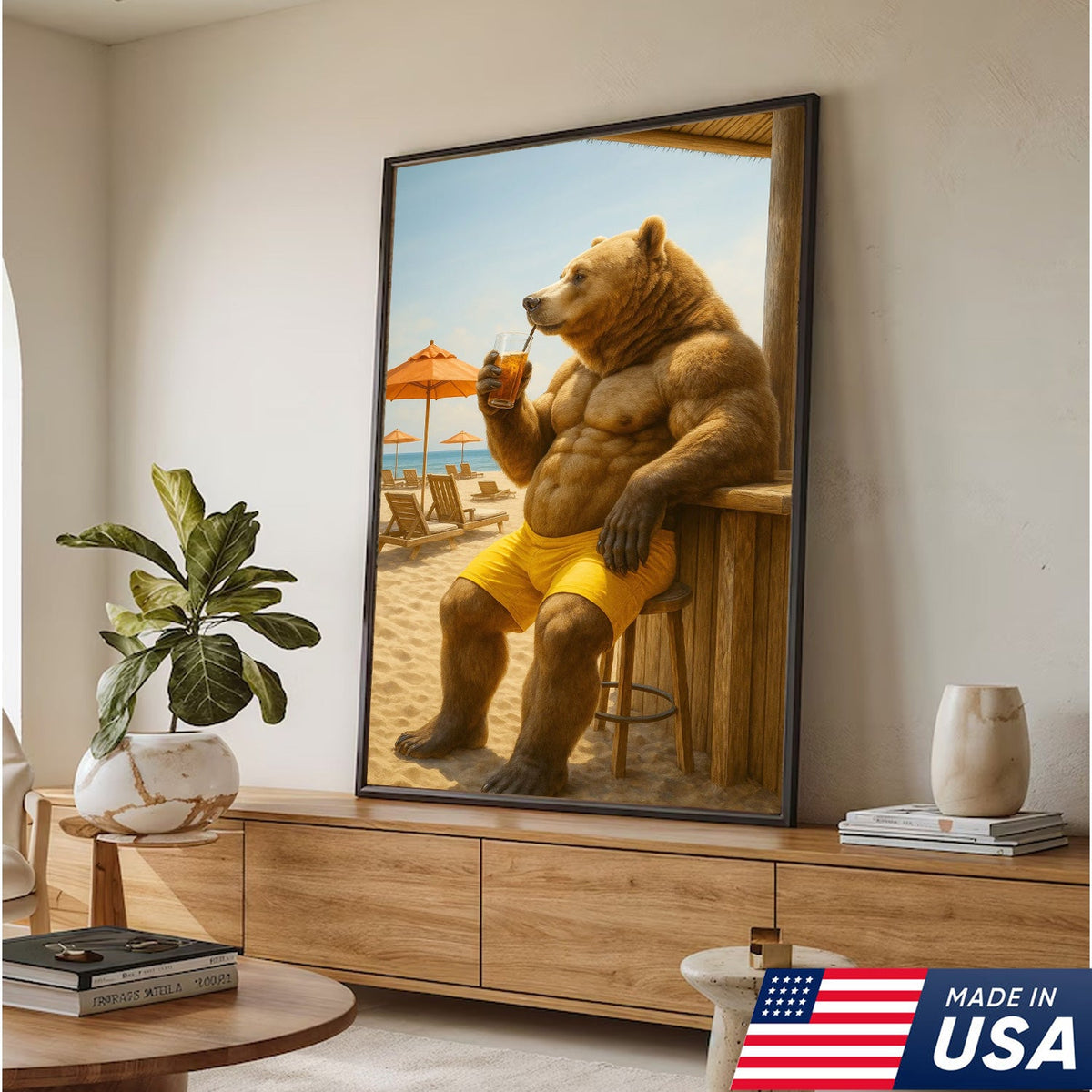 Funny Beach Bear Canvas Wall Art, Summer Vacation Animal Artwork