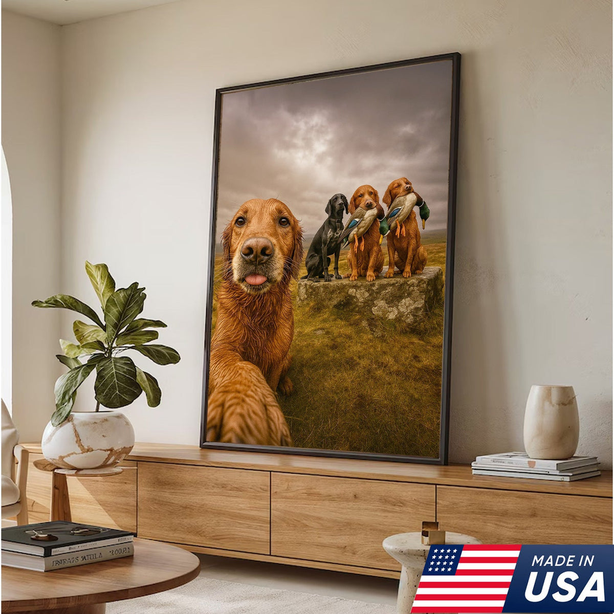 Hunting Dogs Selfie Canvas Art – Funny Retriever Group Photo with Ducks