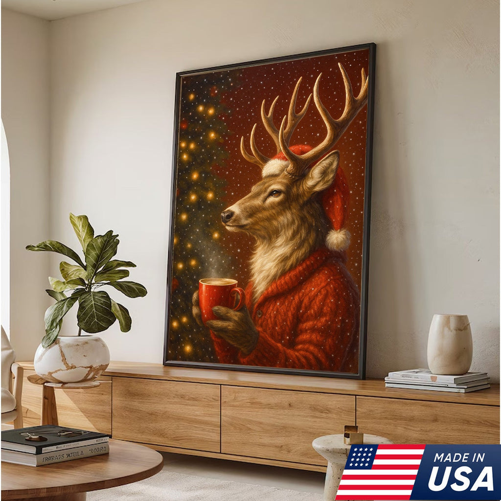 Christmas Deer Drink Coffee In Cozy Sweater Canvas Wall Art - Holiday Cabin Decor