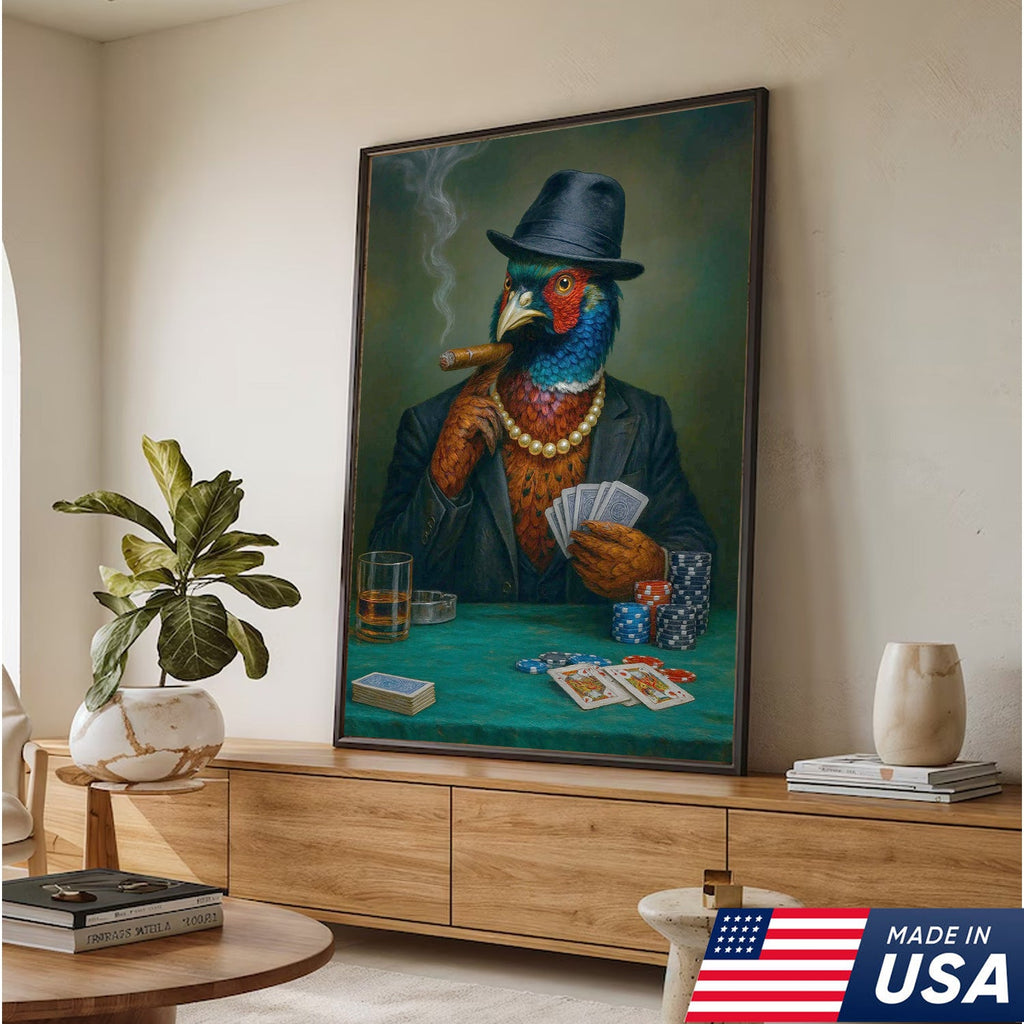 Funny Pheasant Poker Player Canvas Wall Art, Colorful Bird in Suit Casino Decor