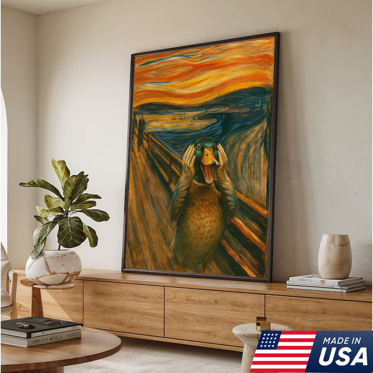 Funny Duck Scream Canvas Wall Art, Parody Edvard Munch Painting Print