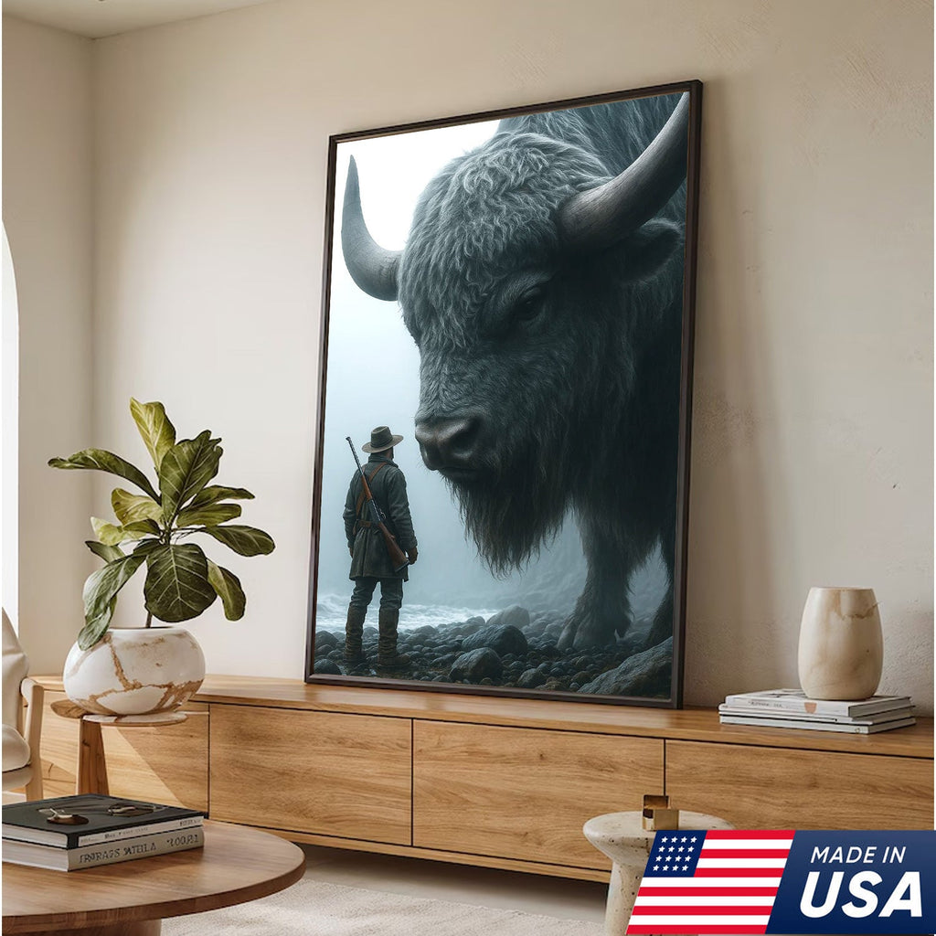 Giant Bison and Cowboy Wall Art Canvas, Western Hunter Standing by Buffalo Print
