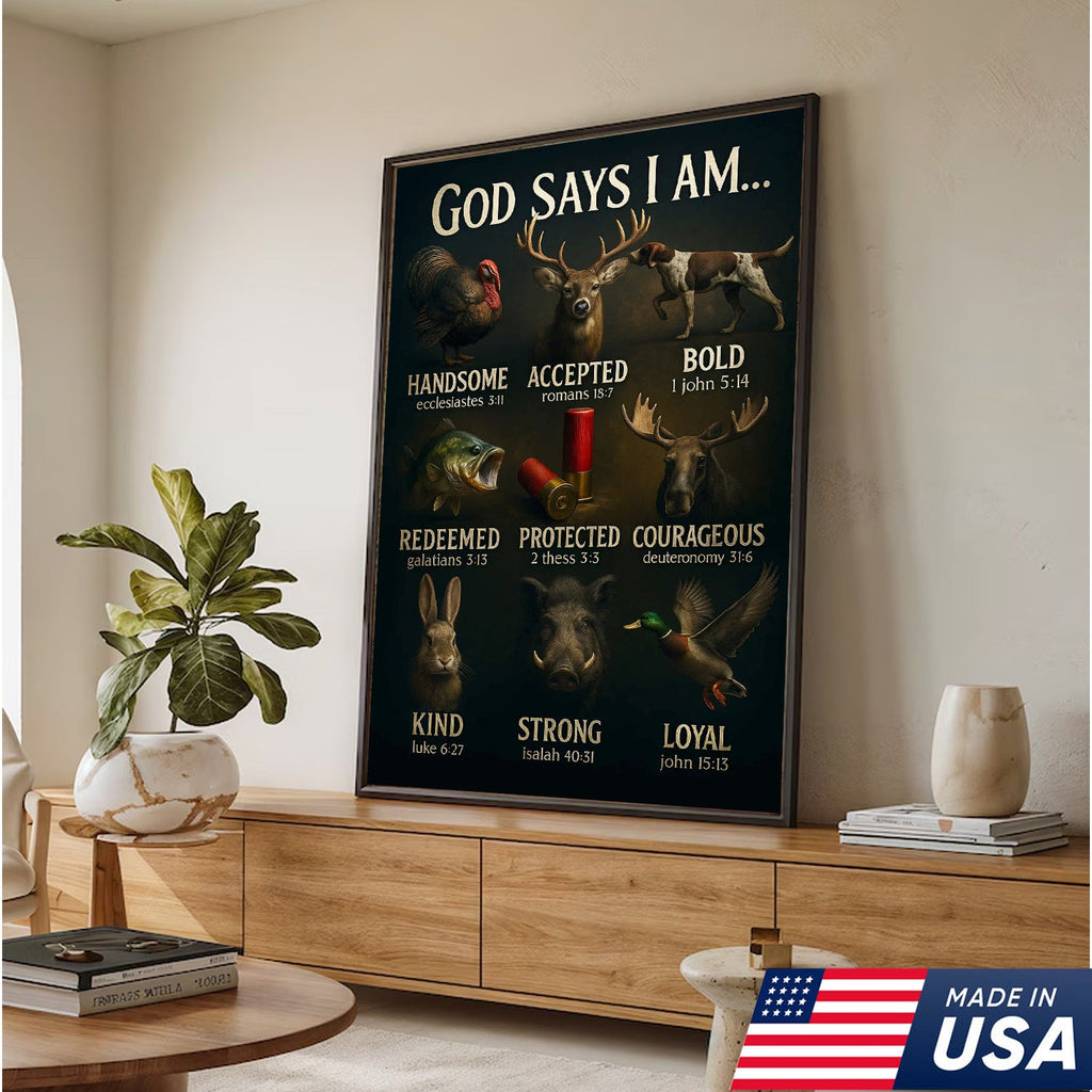 God Says I Am Hunting Canvas, Christian Wildlife Wall Art with Deer, Turkey, Duck, and Moose