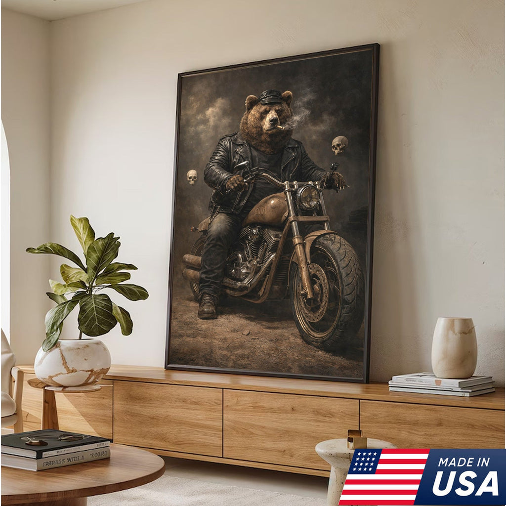 Bear Motorcycle Canvas Print Biker Animal Wall Art Man Cave Decor Gift