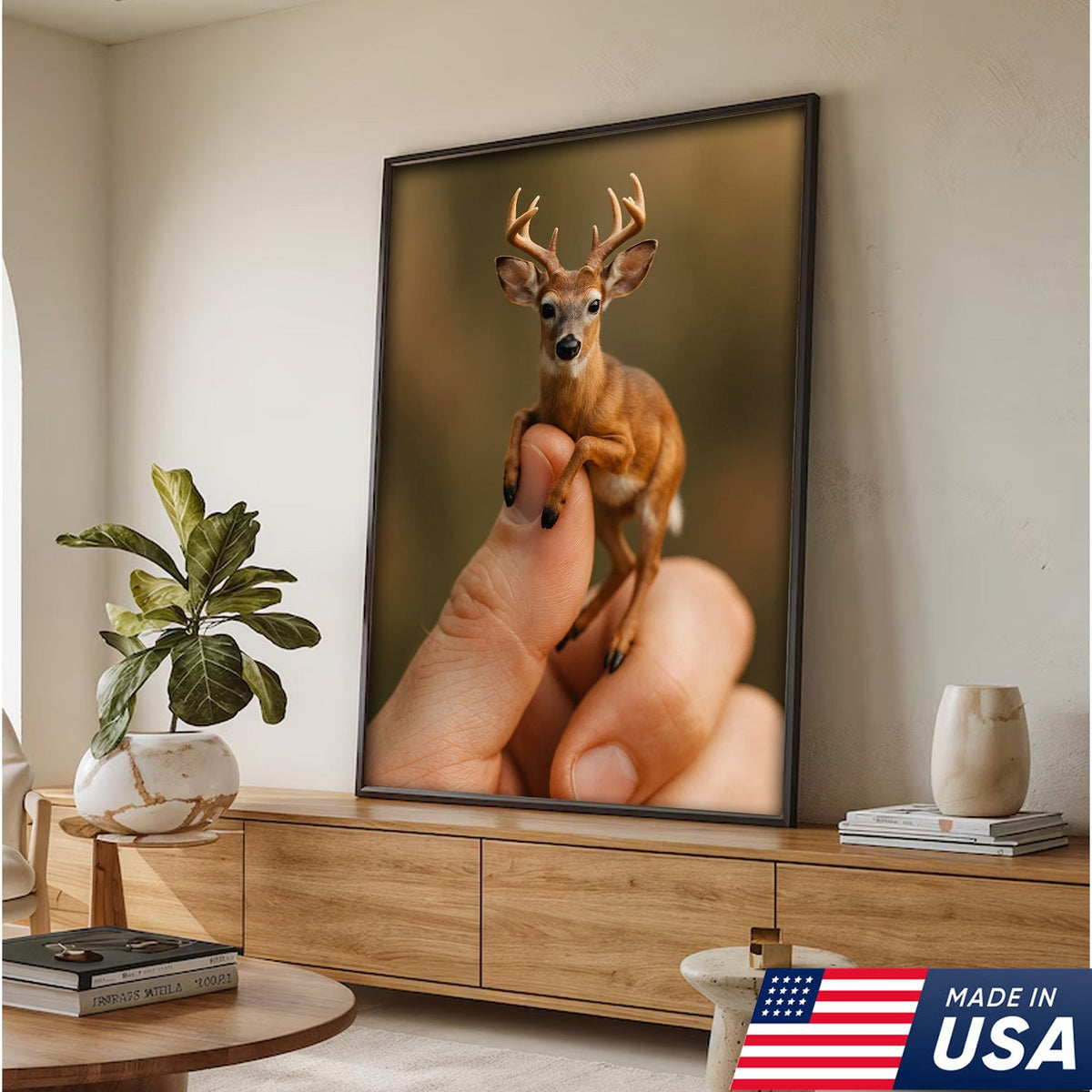 Tiny Deer Canvas Wall Art – Unique Whimsical Wildlife Print – Rustic Cabin and Lodge Decor