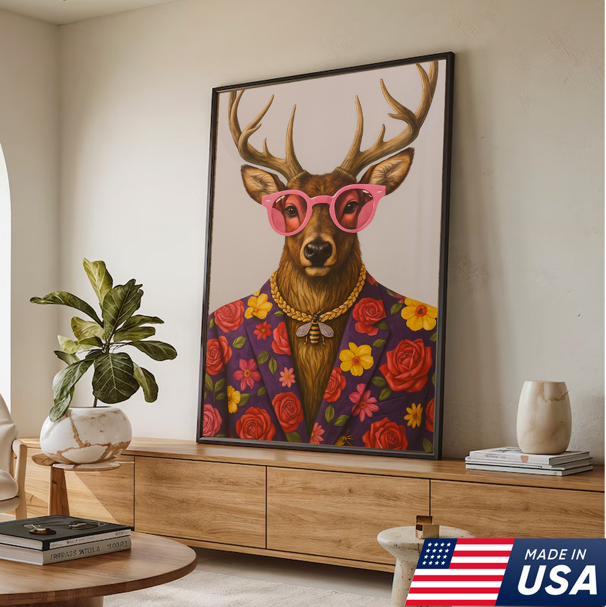 Funny Deer Wall Art Canvas – Stylish Hunter Canvas with Floral Suit & Sunglasses