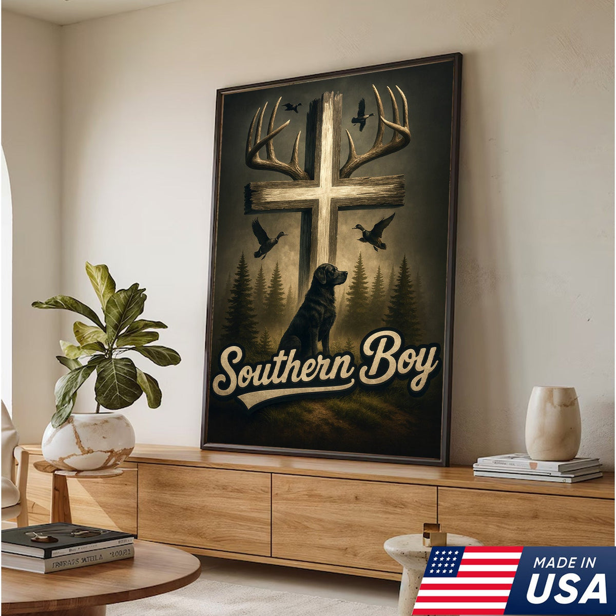 Southern Boy Canvas Wall Art, Deer Antler Cross with Labrador Retriever and Flying Ducks