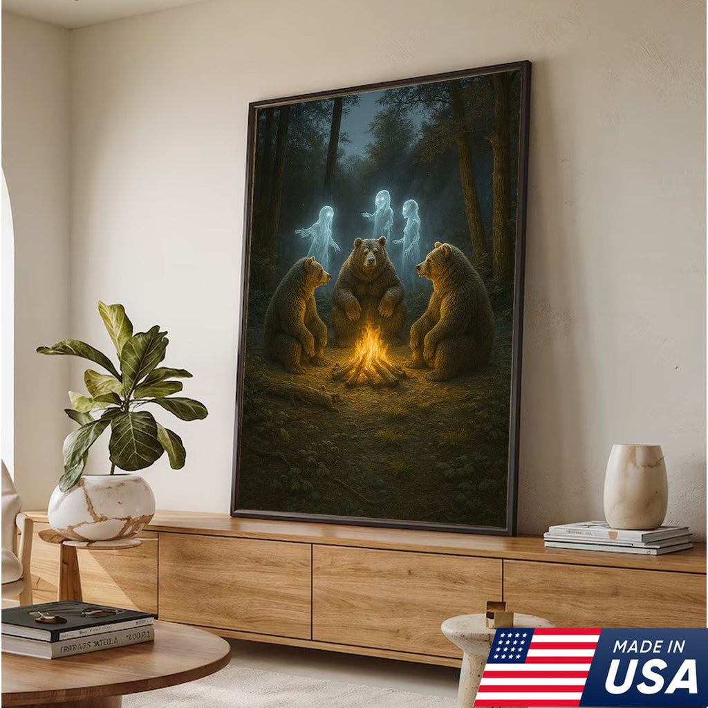 Ghost Bear Campfire Wall Art Canvas – Spooky Forest Spirit Canvas Print for Halloween Decor