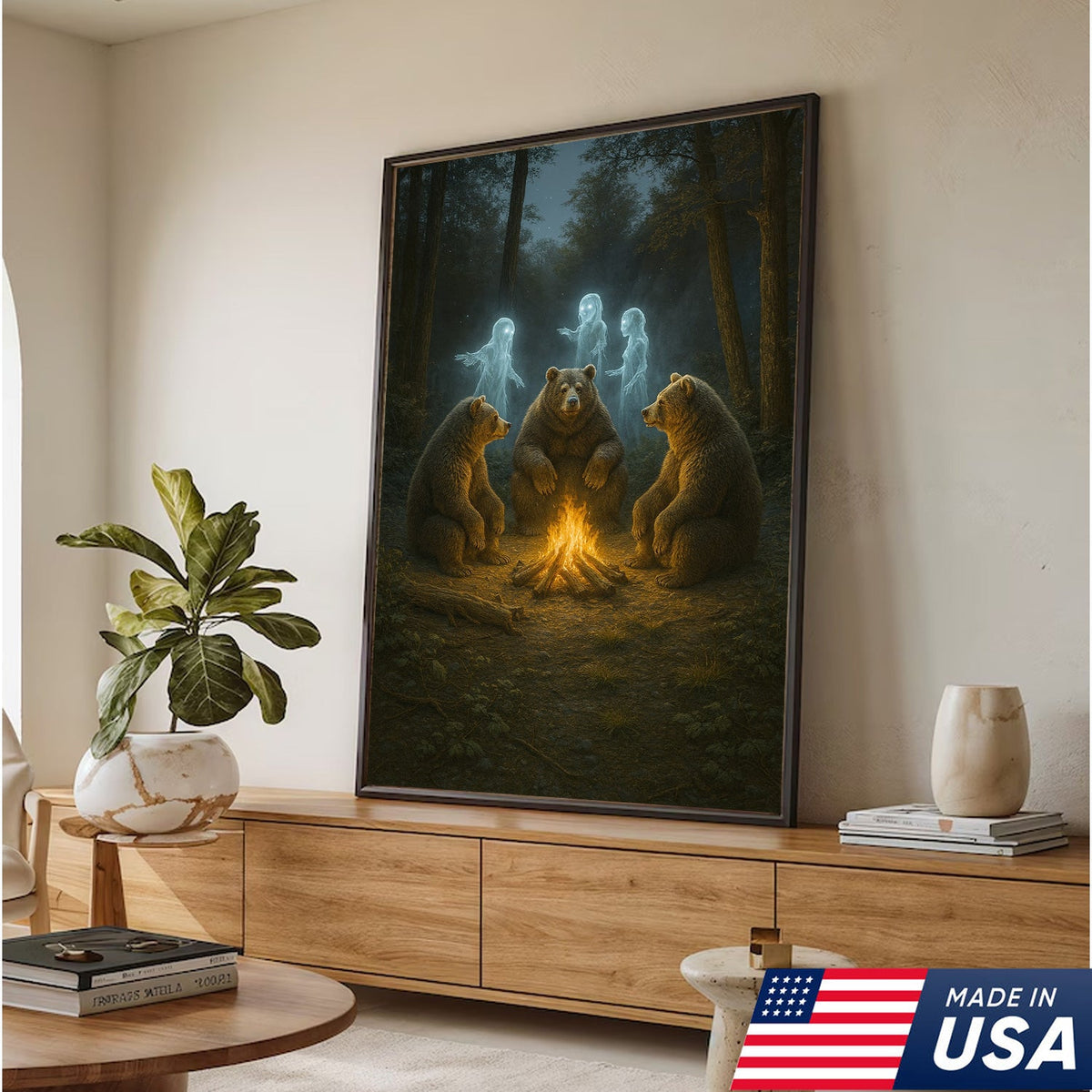 Ghost Bear Campfire Wall Art Canvas – Spooky Forest Spirit Canvas Print for Halloween Decor