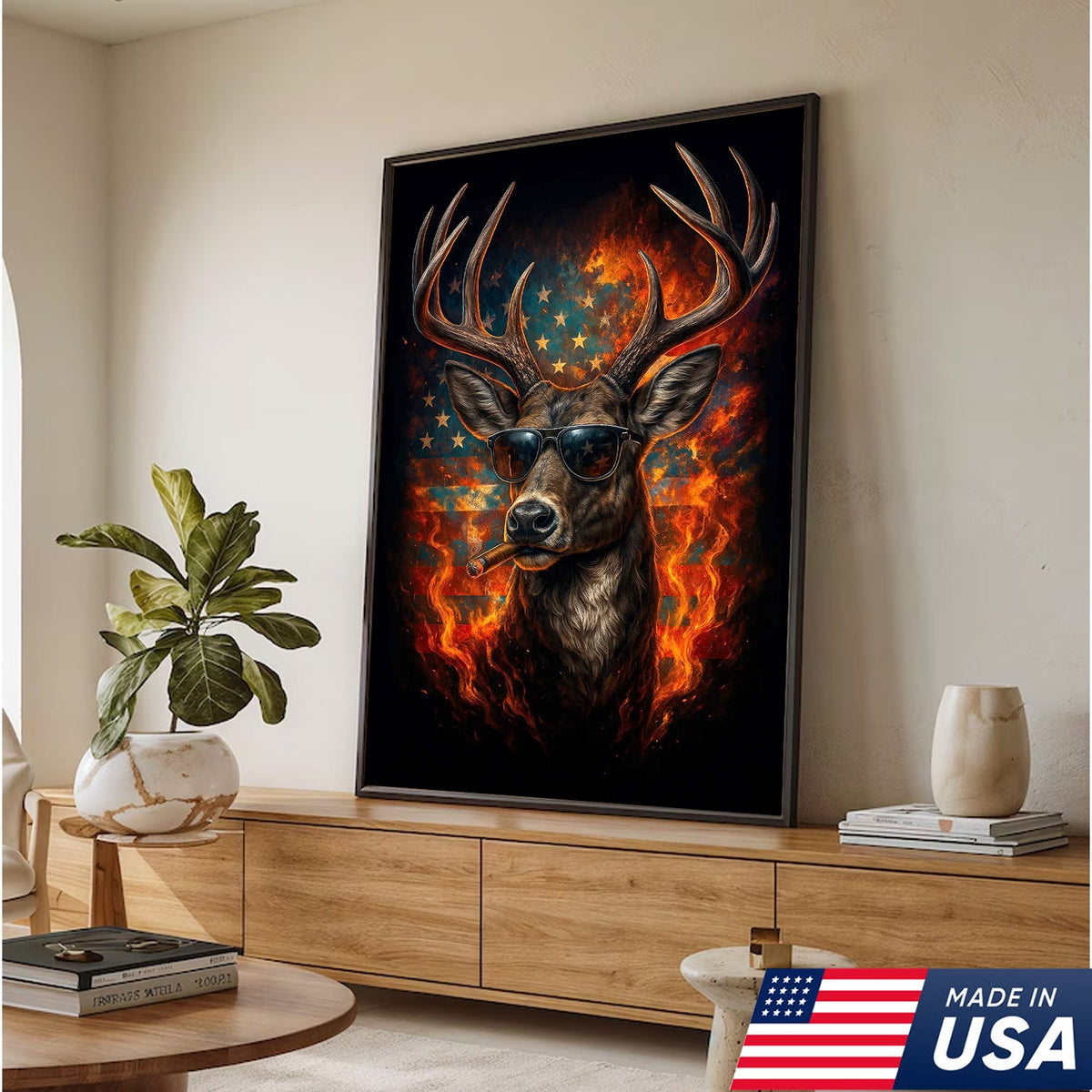 Patriotic Deer Wall Art Canvas – Cool Buck with Sunglasses and American Flag