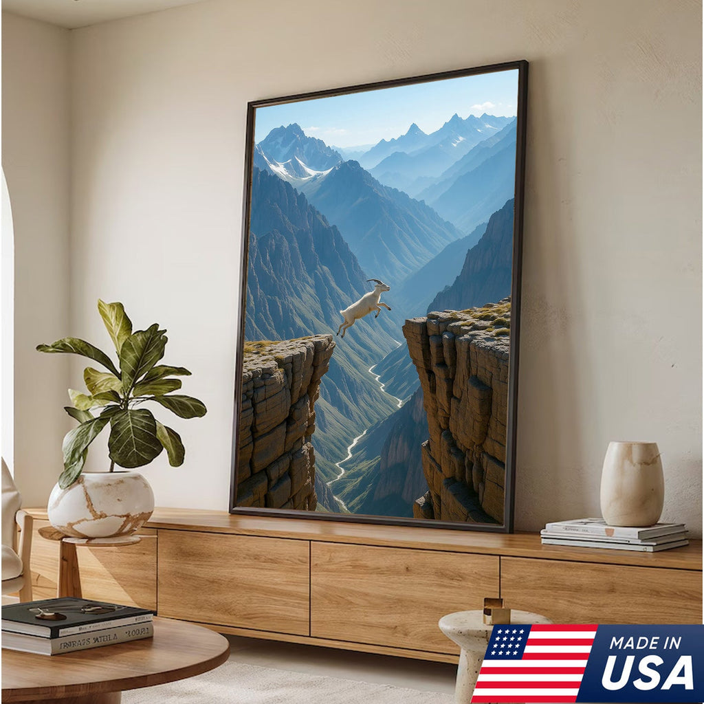 Mountain Goat Cliff Jump Canvas Wall Art, Alpine Canyon Landscape Print