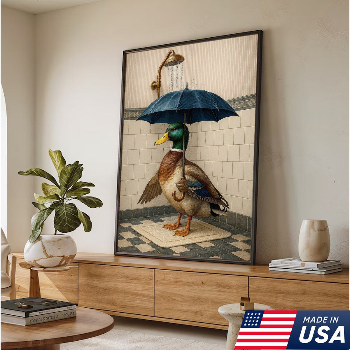 Duck with Umbrella in Shower Canvas Wall Art, Quirky Bathroom Wall Decor