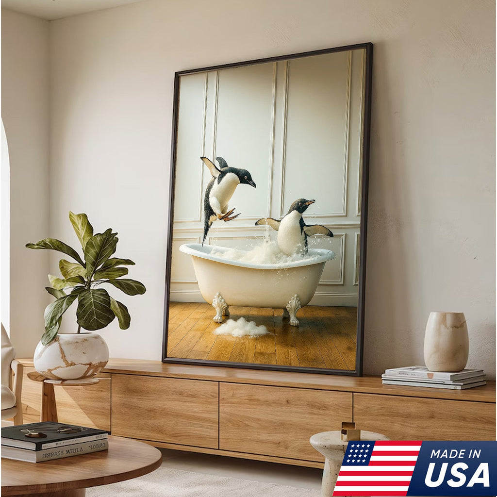 Playful Penguin Bubble Bath Wall Art Canvas, Jumping Penguins in Bathtub Bathroom Decor