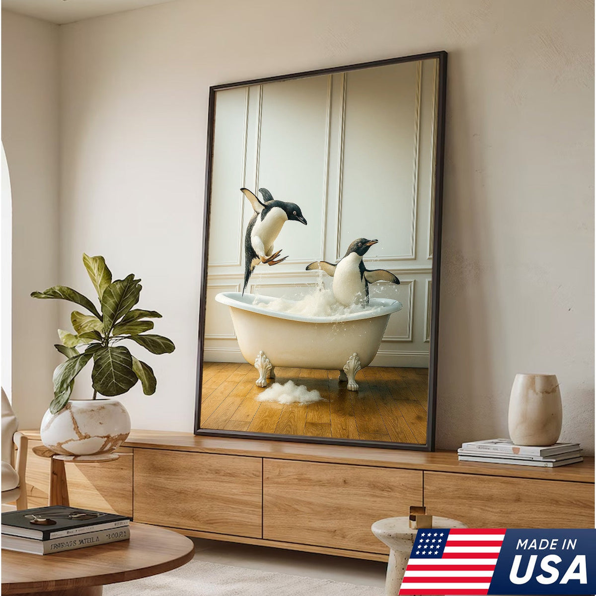 Playful Penguin Bubble Bath Wall Art Canvas, Jumping Penguins in Bathtub Bathroom Decor