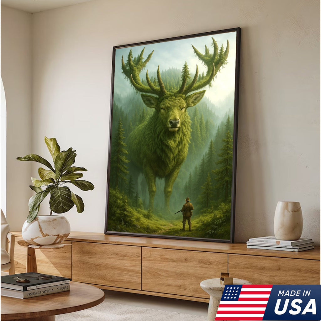 Forest Spirit Deer Wall Art Canvas, Giant Moss Elk with Hunter Fantasy Landscape