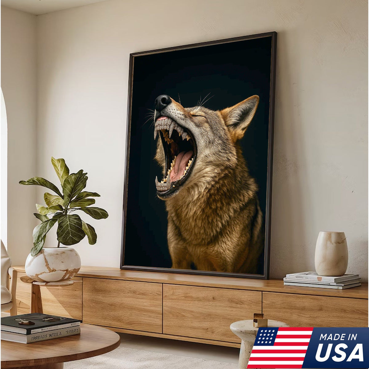Roaring Wolf Canvas Wall Art, Fierce Animal Portrait Artwork, Rustic Wildlife Decor