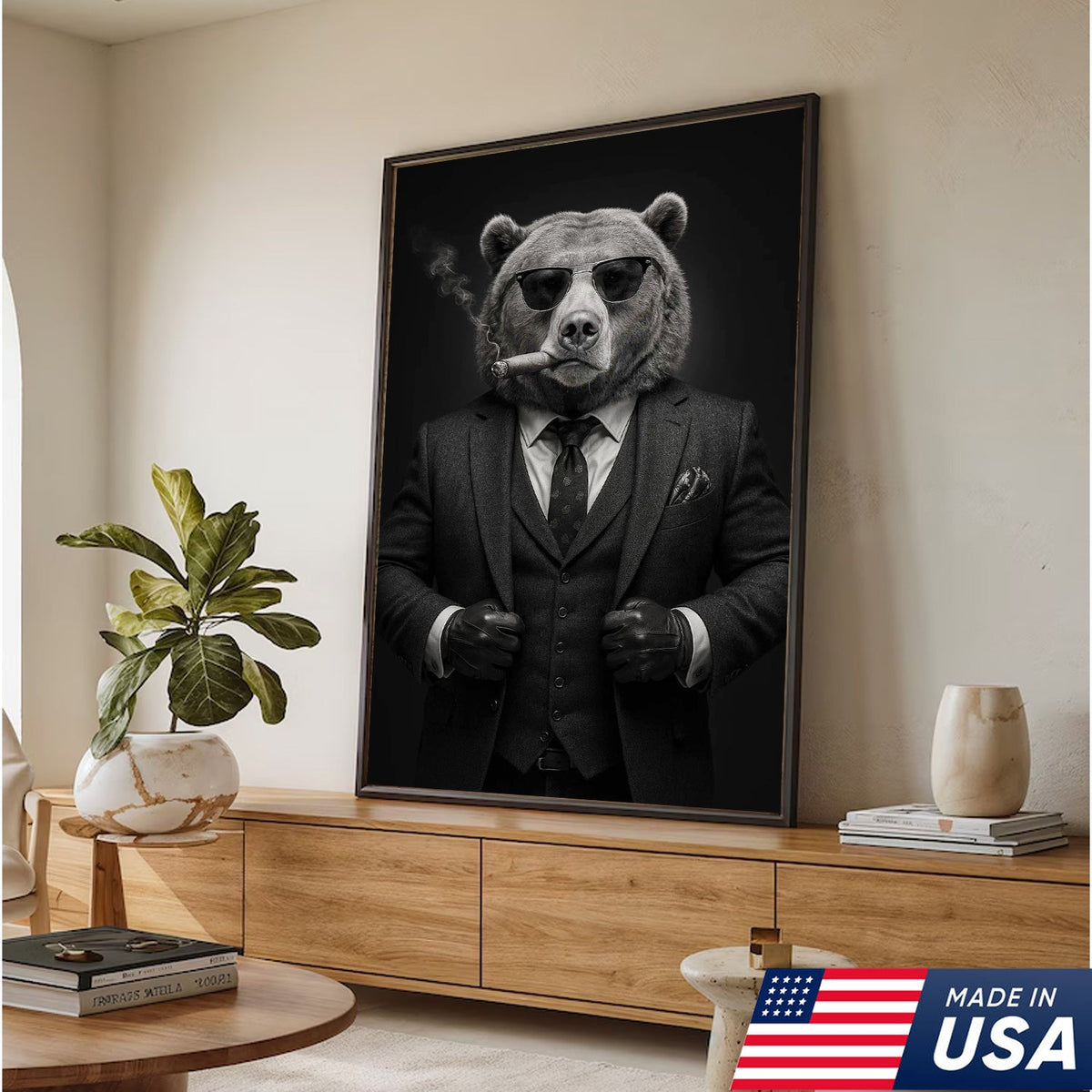Bear in Suit Canvas Wall Art, Black and White Animal Portrait, Modern Office Decor for Men