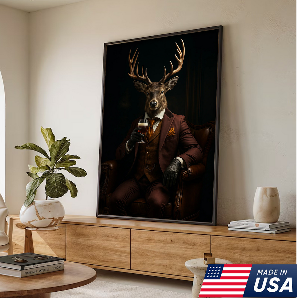 Deer Gentleman Canvas Wall Art – Rustic Lodge Decor, Anthropomorphic Buck in Suit