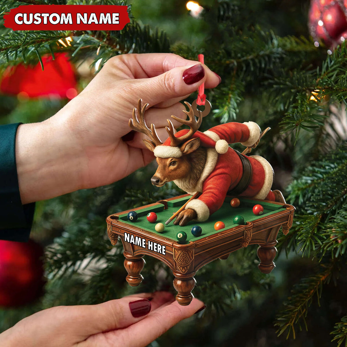 Personalized Acrylic Deer Christmas Ornament – Funny Buck Playing Pool in Santa Outfit Holiday Decor