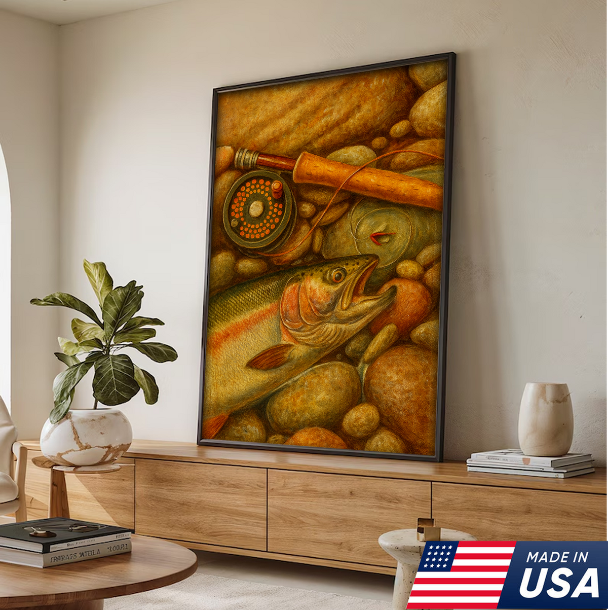 ly Fishing Canvas Wall Art – Retro Trout Painting with Rod & Reel Rustic Cabin Lodge Decor