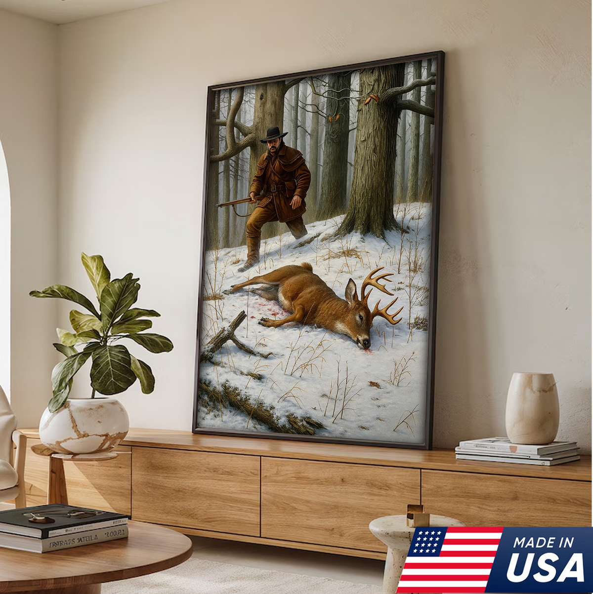 Deer Hunting Canvas Wall Art – Rustic Winter Forest Scene, Hunter with Rifle and Buck
