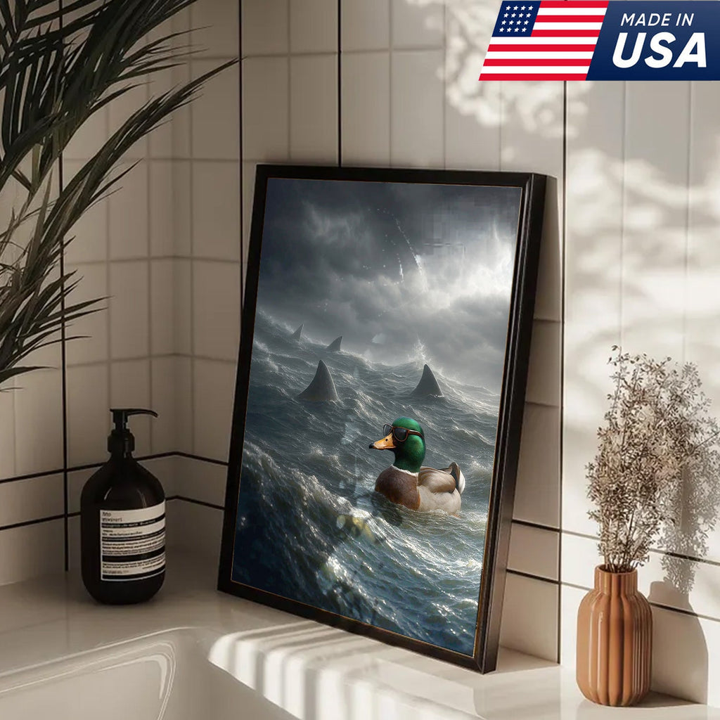 Funny Duck in Shark Infested Waters Canvas Wall Art, Cool Sunglasses Duck Ocean Storm Print