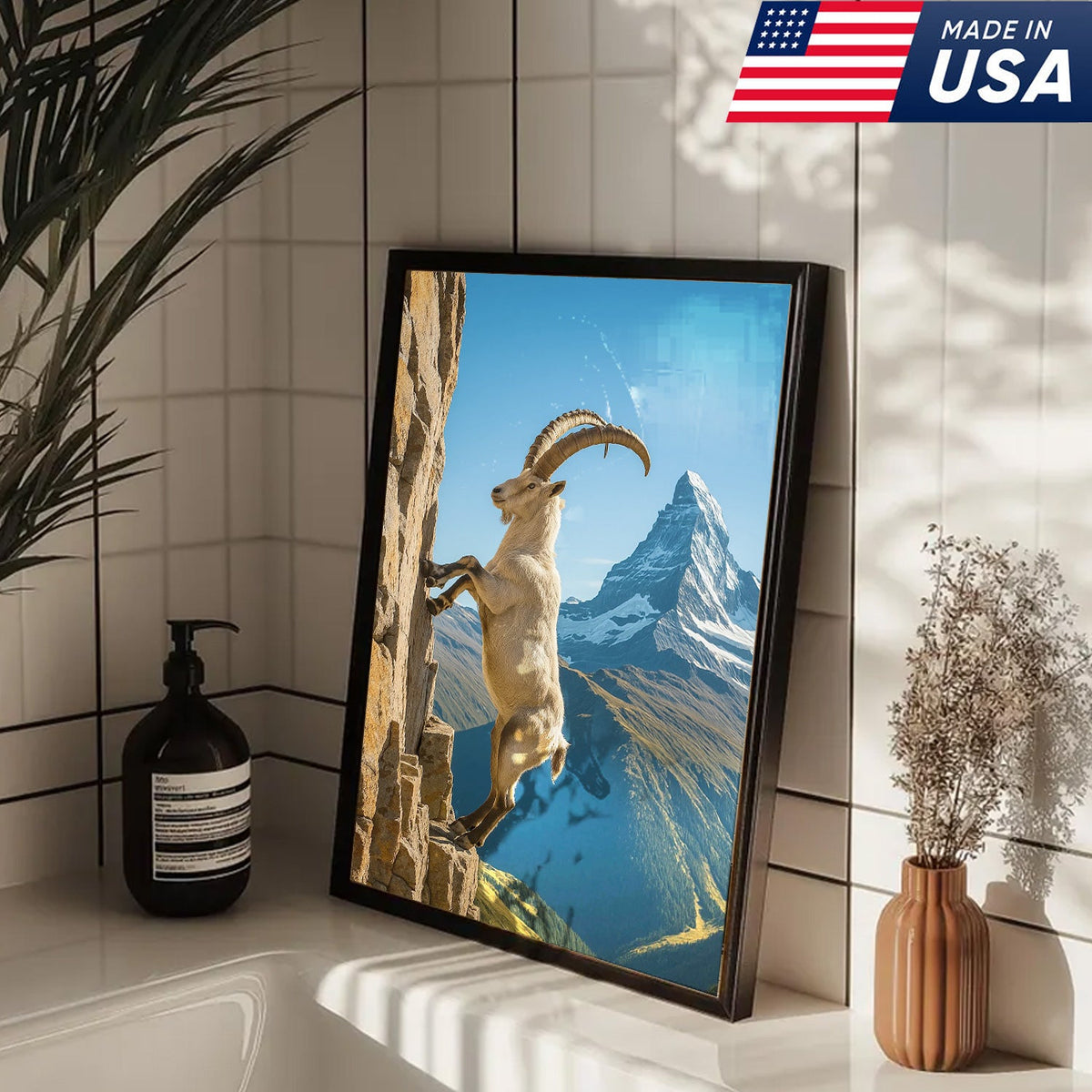 Alpine Ibex Climbing Cliff Canvas Wall Art, Matterhorn Mountain Landscape Print