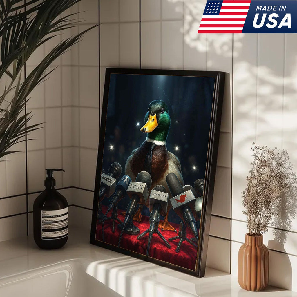 Confident Duck Press Conference Canvas Wall Art, Funny Animal Leader Humor Artwork