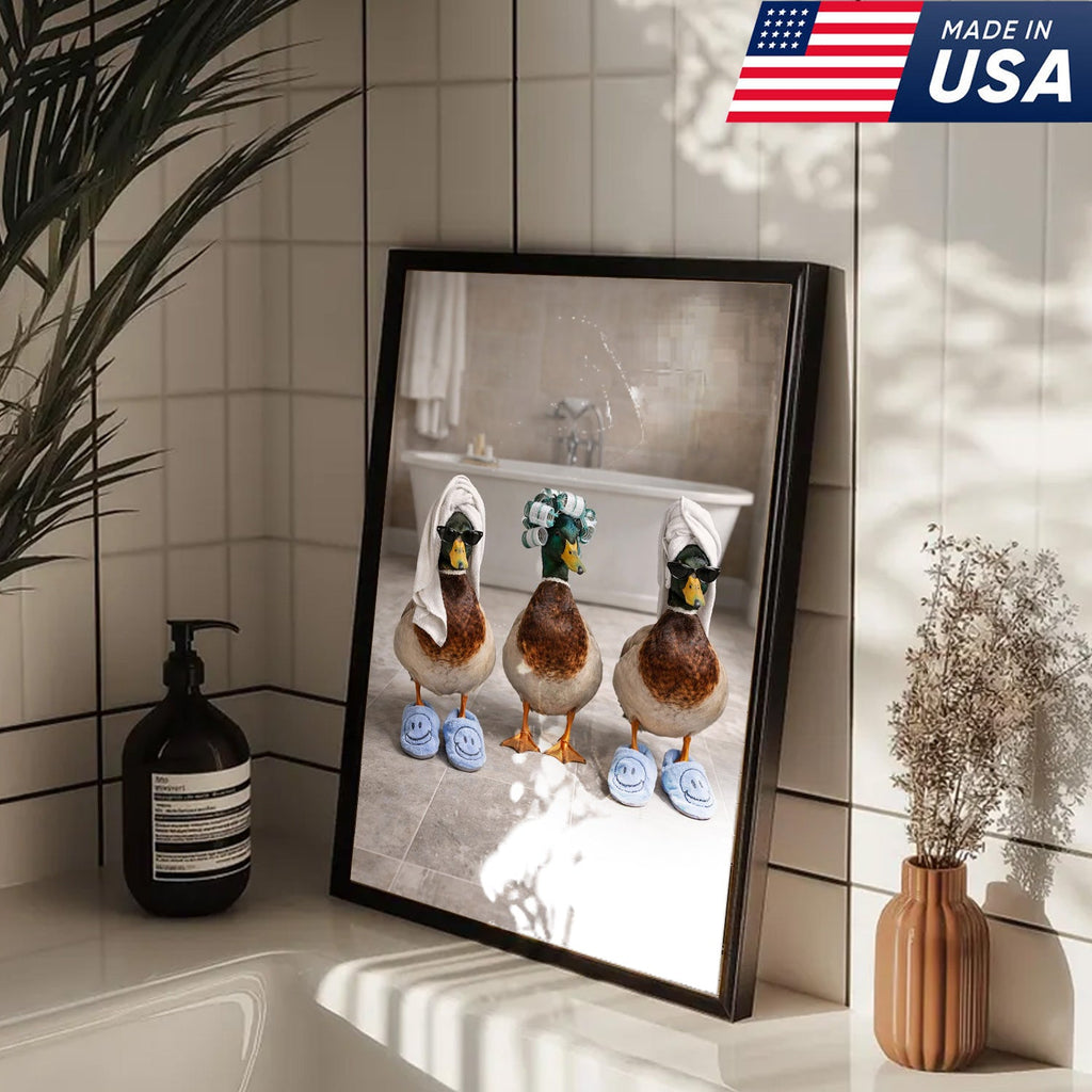Funny Duck Spa Bathroom Canvas Wall Art, Whimsical Farm Animal Self Care Illustration