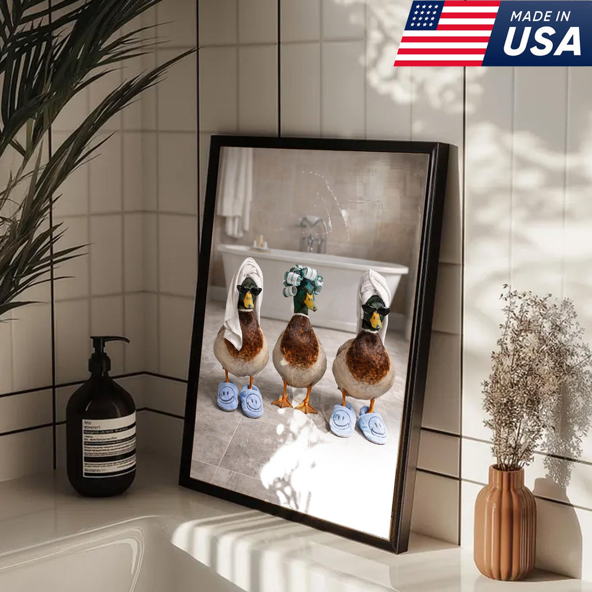 Funny Duck Spa Bathroom Canvas Wall Art, Whimsical Farm Animal Self Care Illustration
